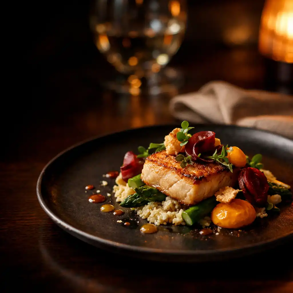 Starannie podane danie na ciemnym talerzu w ciepłym świetle restauracji