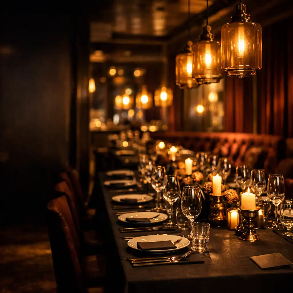 Elegancki, przygotowany stół w restauracyjnym lounge o ciepłym wieczornym świetle