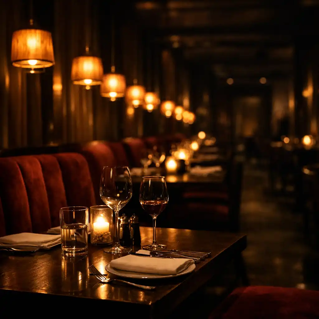 Przygaszone wnętrze restauracyjnego lounge z ciepłymi lampami i nakrytym stołem