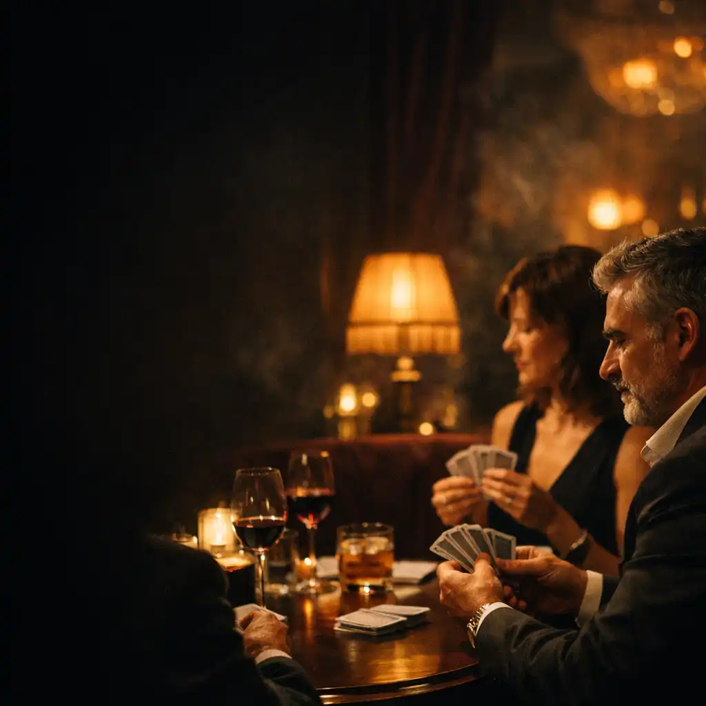Dorośli goście rozmawiają przy elegancko nakrytym stole w ciepło oświetlonym lounge'u