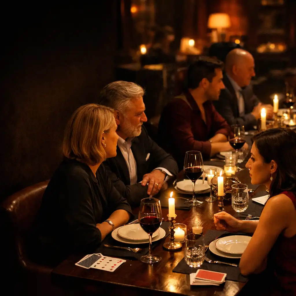 Kameralny stół w eleganckiej restauracji, przy którym dorośli goście rozmawiają podczas wieczornego spotkania.