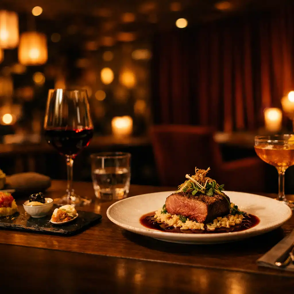 Dopracowane nakrycie restauracyjnego stołu z daniem, winem i koktajlem w ciepłym świetle